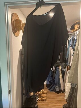 Black Asymmetrical Draped Midi Dress by